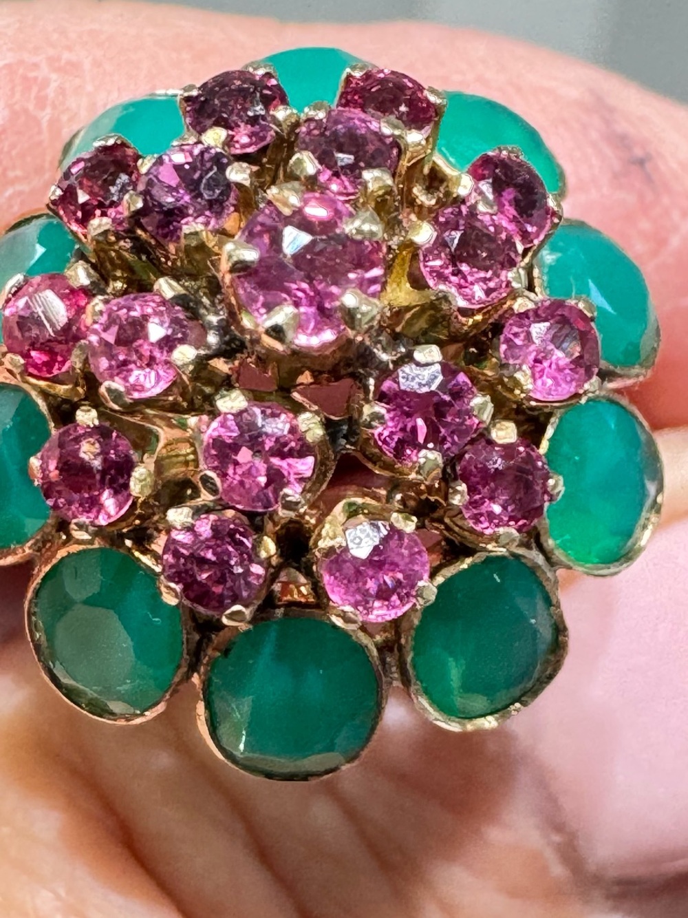 Vintage 14k Yellow Gold Emerald & Ruby Floral Cluster Cocktail Ring